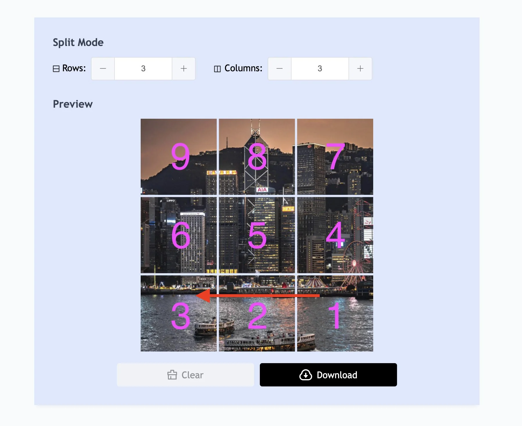 Upload split images in order: right to left, bottom to top